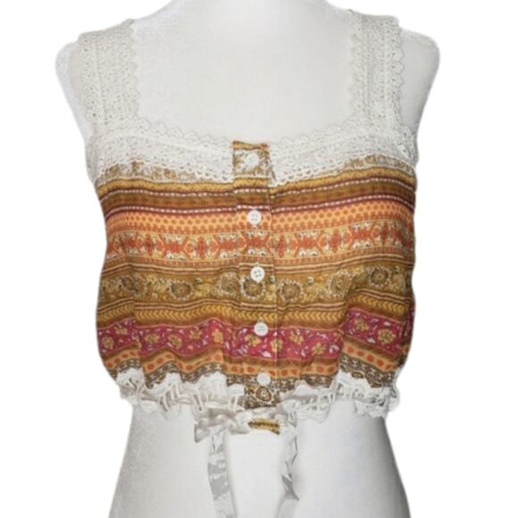 Millau Tops - Millau Orange star crochet crop festival boho tank top size small